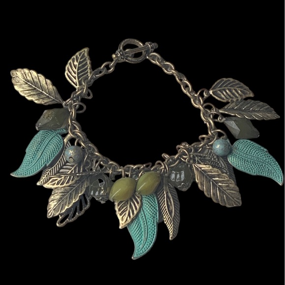 Green Agate & Metal Leaf Leaves Charm Toggle Bracelet Woman’s Fall Jewelry - Picture 10 of 10